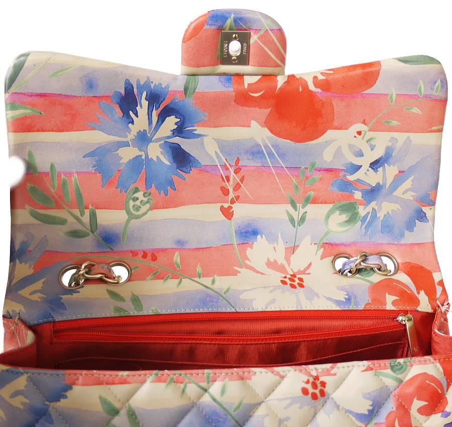 Beige Chanel Floral Print Lambskin Jumbo Maxi Classic Flap Bag Rare