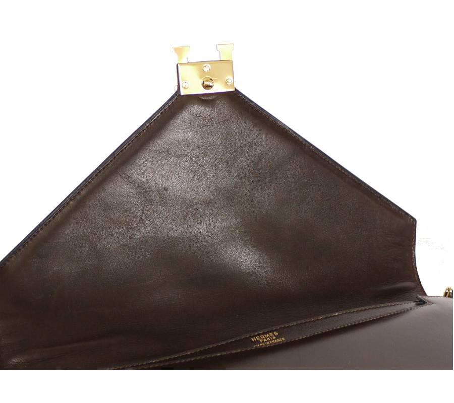 Women's 1980s Hermes Brown Box Calf Lydie 2way Clutch Shoulder Bag Rare