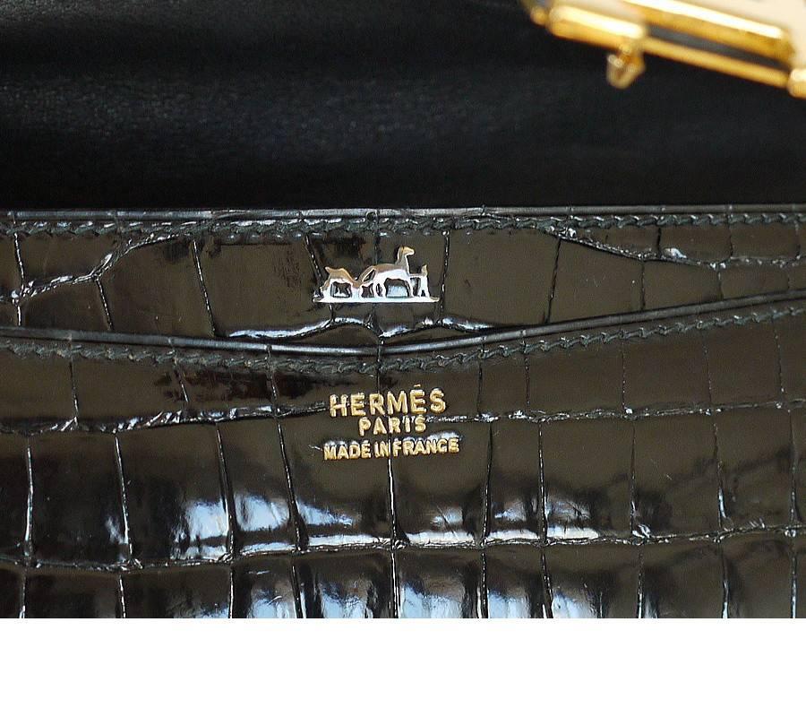 1970s Hermes Black Crocodile Porosus Lisse Lydie 2way Shoulder Rare For Sale 2