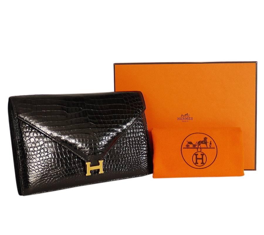 Vintage Hermes Black Crocodile Porosus Lisse Lydie Clutch Bag 1