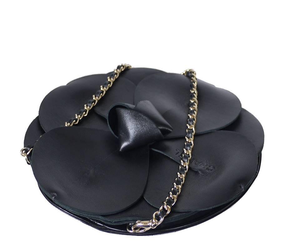 Women's Chanel Leather Camellia 2 Way Evening Clutch Black 