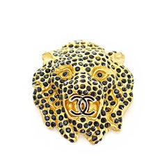 Chanel Vintage Lion Head Rhinestones CC Logo Brooch Pin
