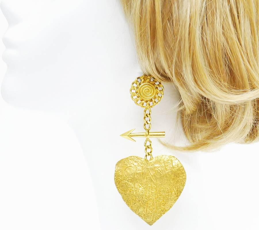 Chanel Vintage Heart and Arrow Motif Big Dangle Earrings  For Sale 3