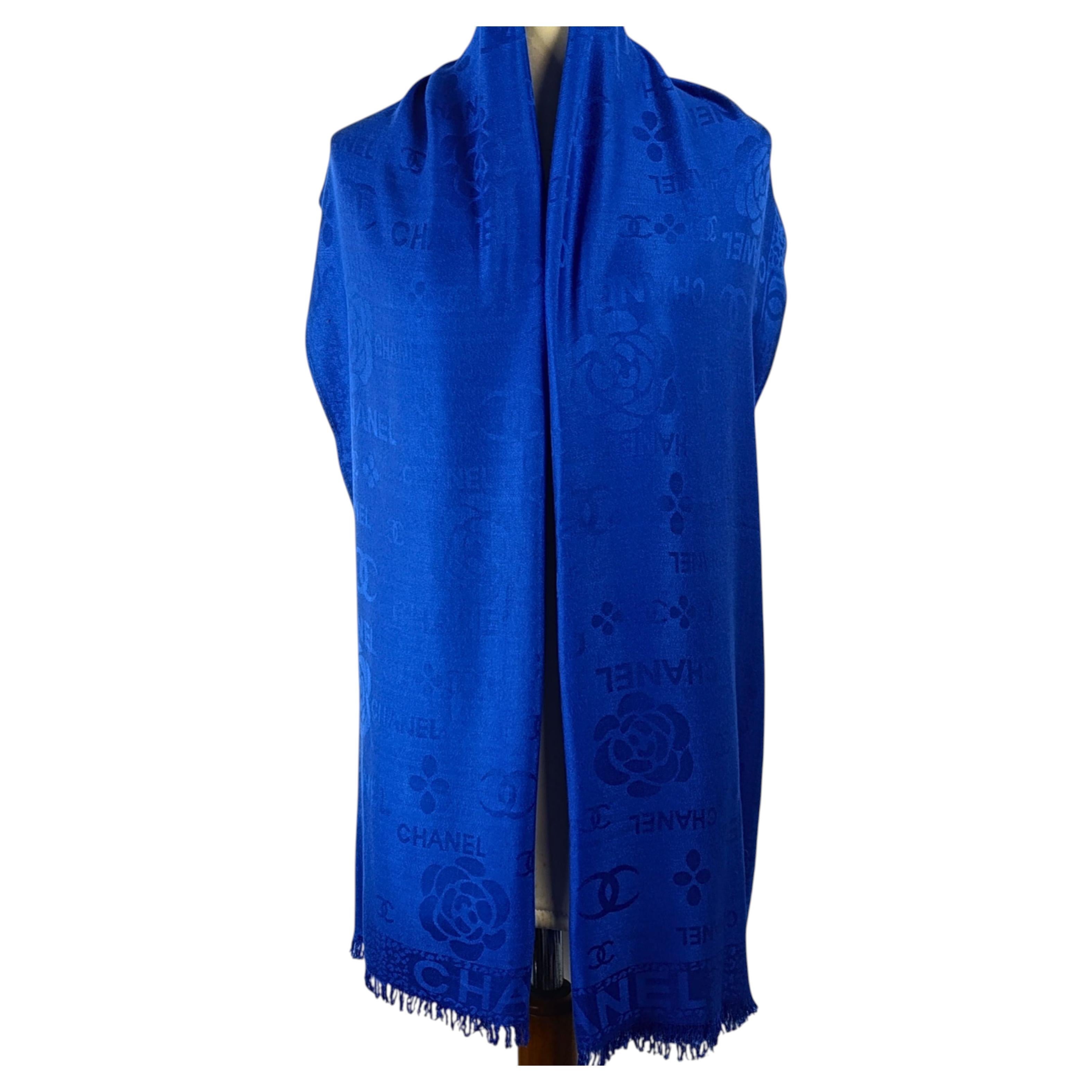 Rare Chanel Royal Blue Silk Jacquard Long Scarf with CC Logo and Camellia France