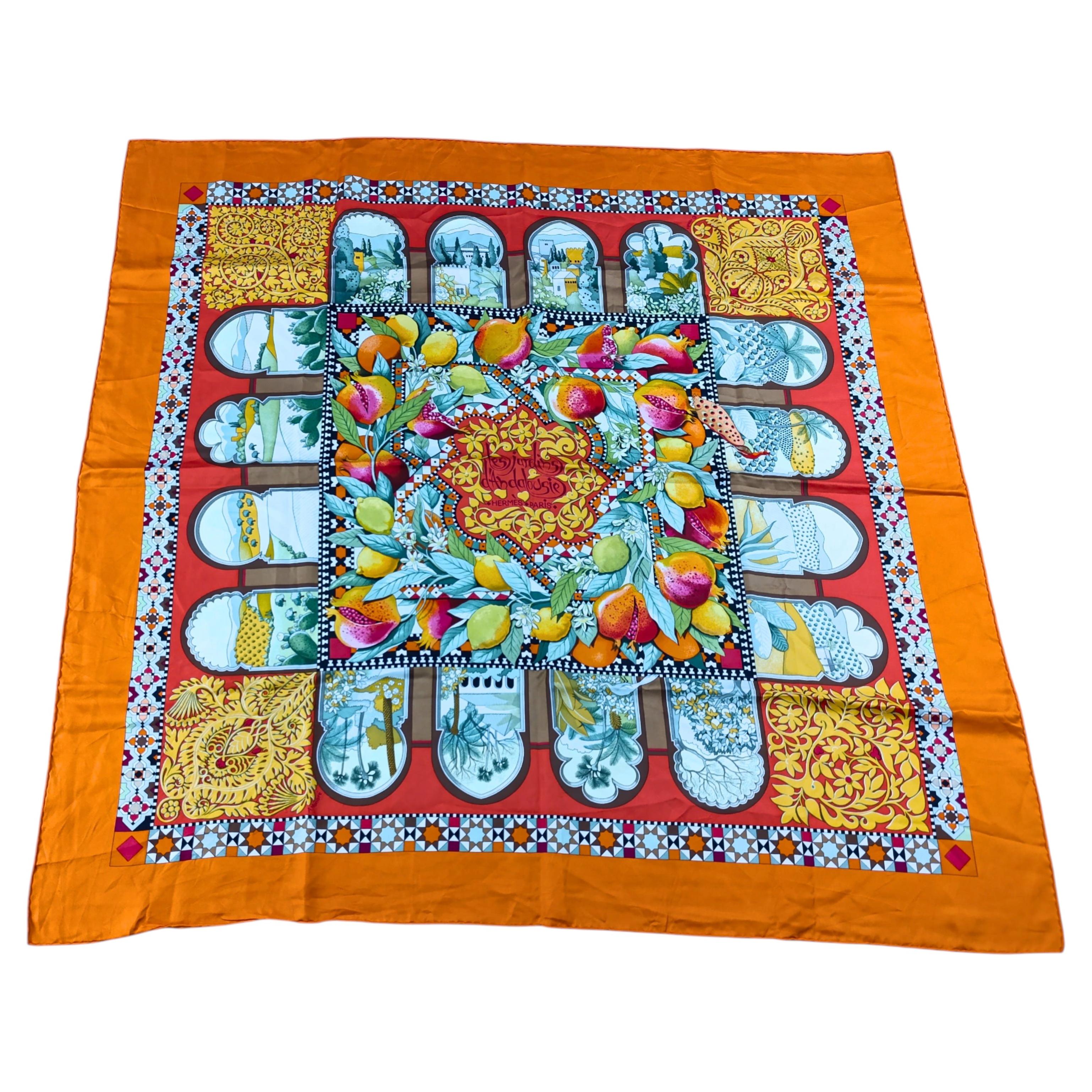 Rare Hermès Carré 90 Les Jardins d’Andalousie Orange Silk Scarf by Aline Honoré