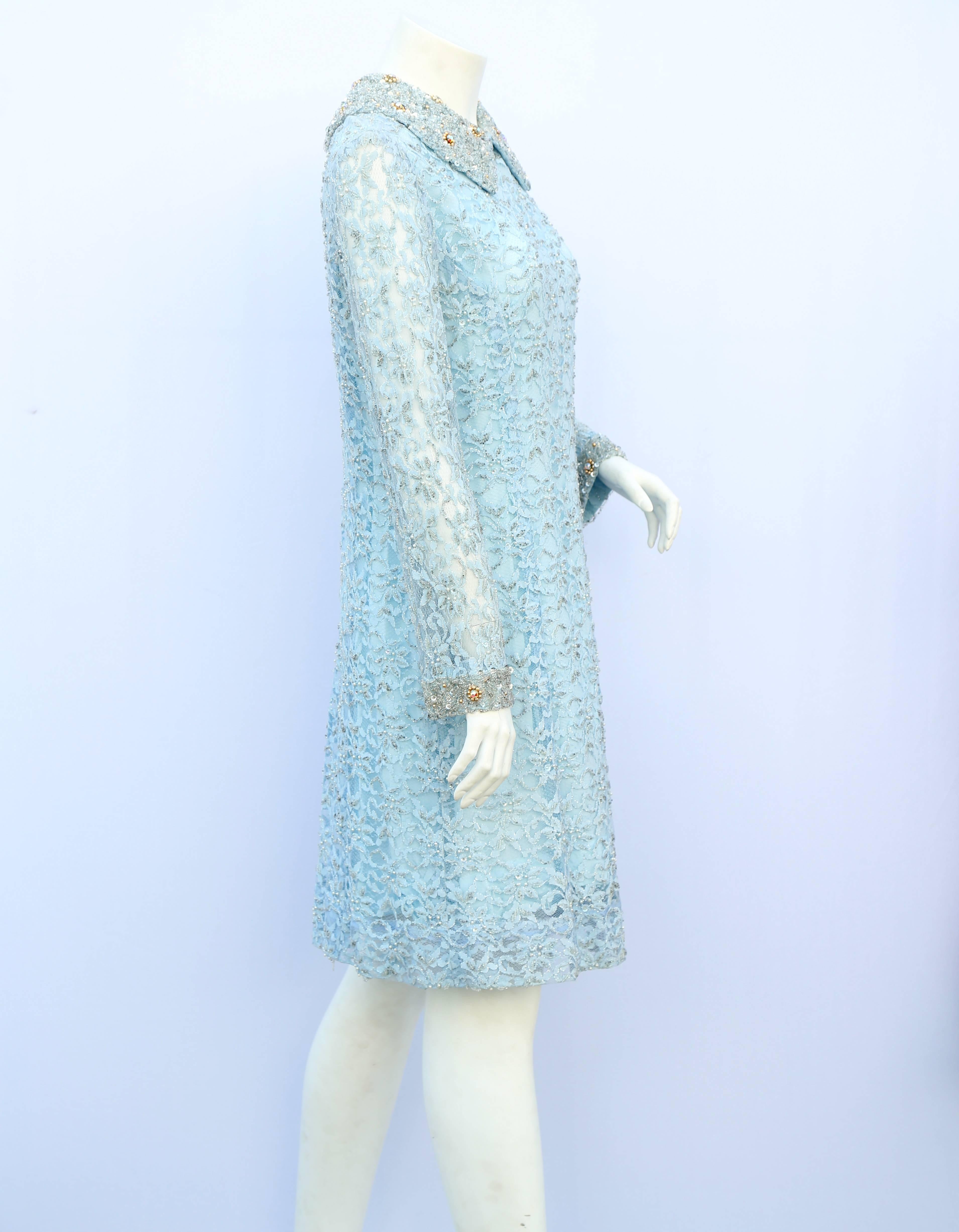 Blue 1960s baby blue lace and sequin beaded cocktail dress  For Sale