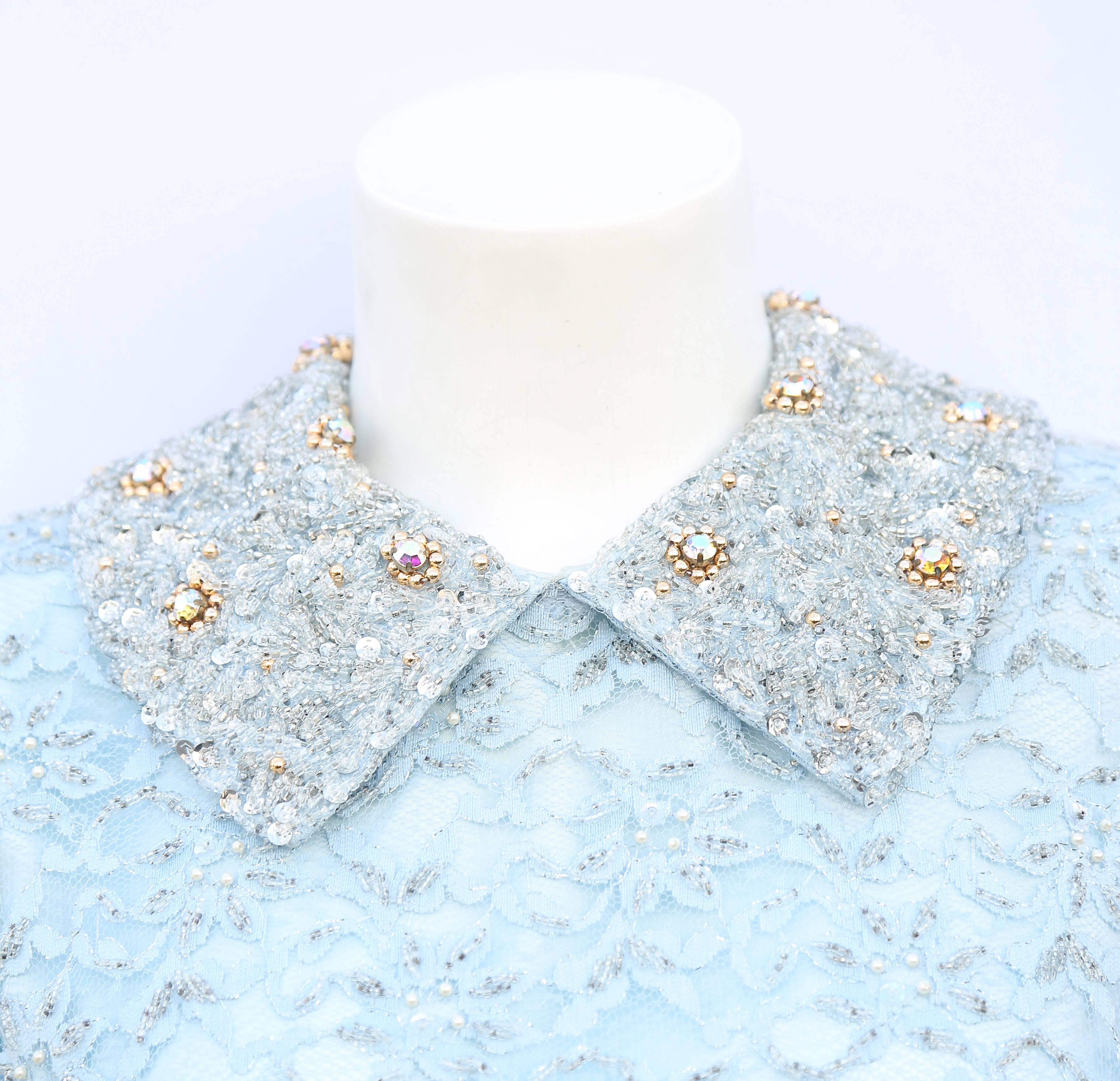 1960s baby blue lace and sequin beaded cocktail dress  In Excellent Condition For Sale In London, GB