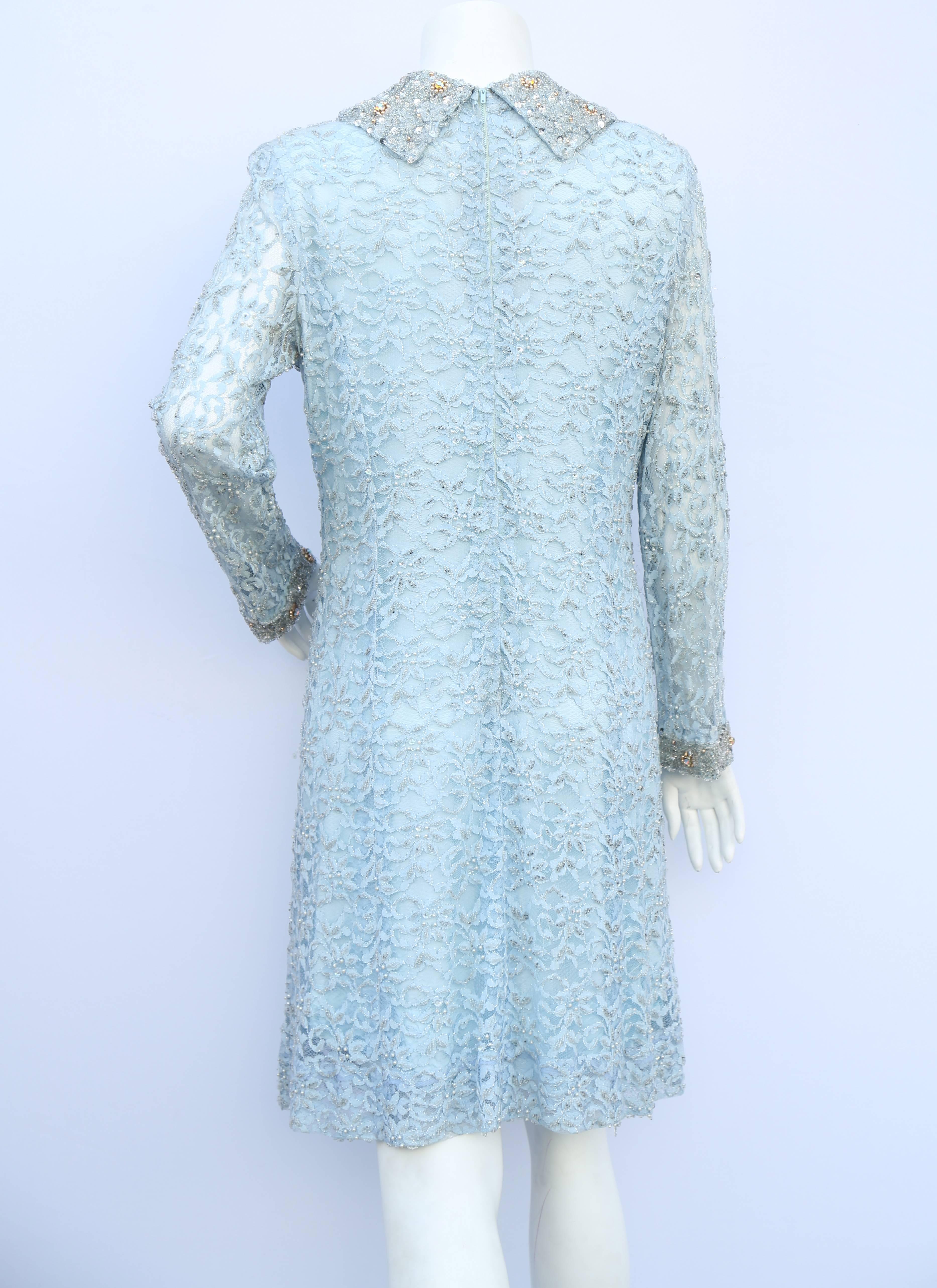 1960s baby blue lace and sequin beaded cocktail dress  For Sale 1