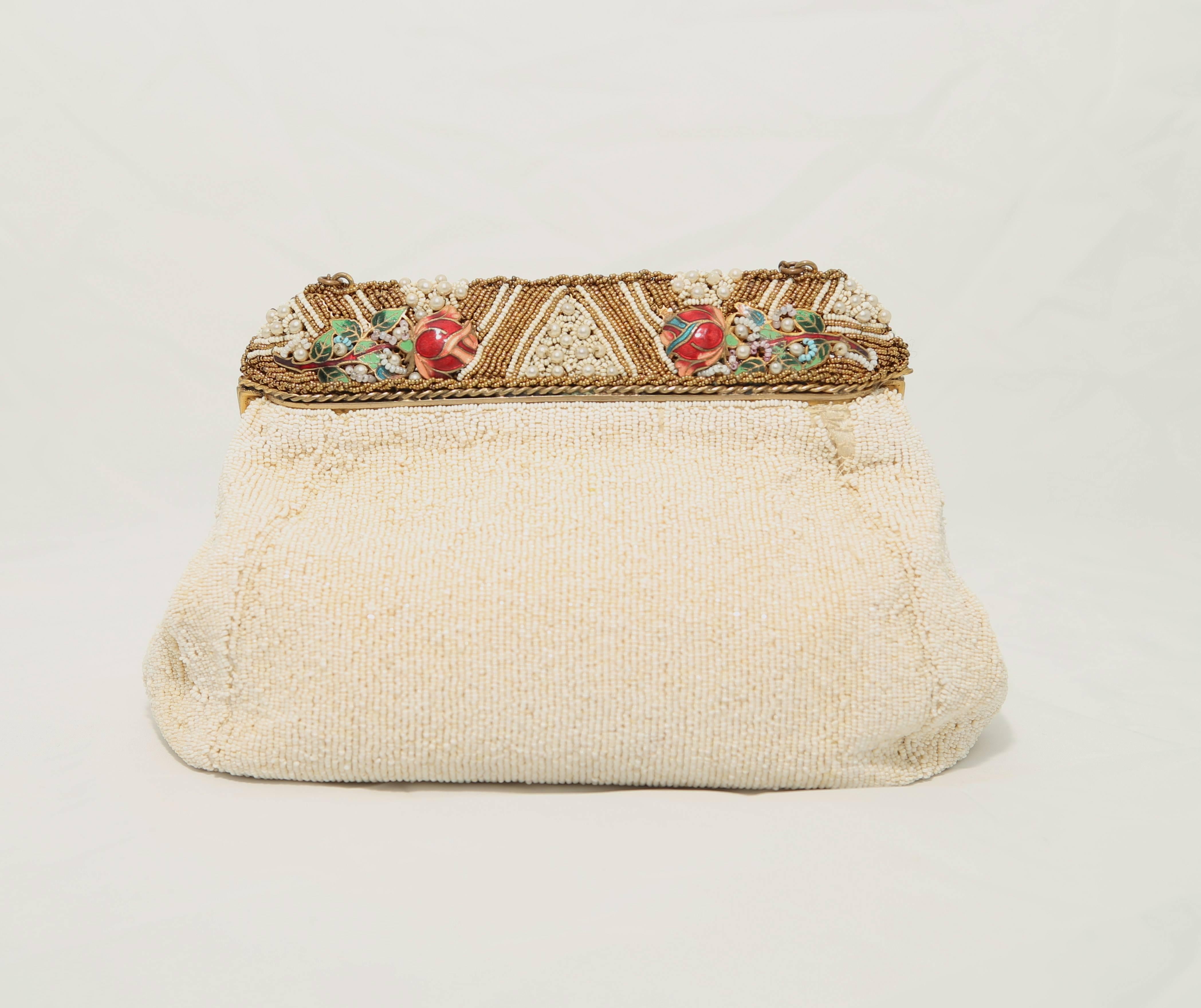 Beige 1920s fully beaded bag with floral pattern enamel handle with small pearls  