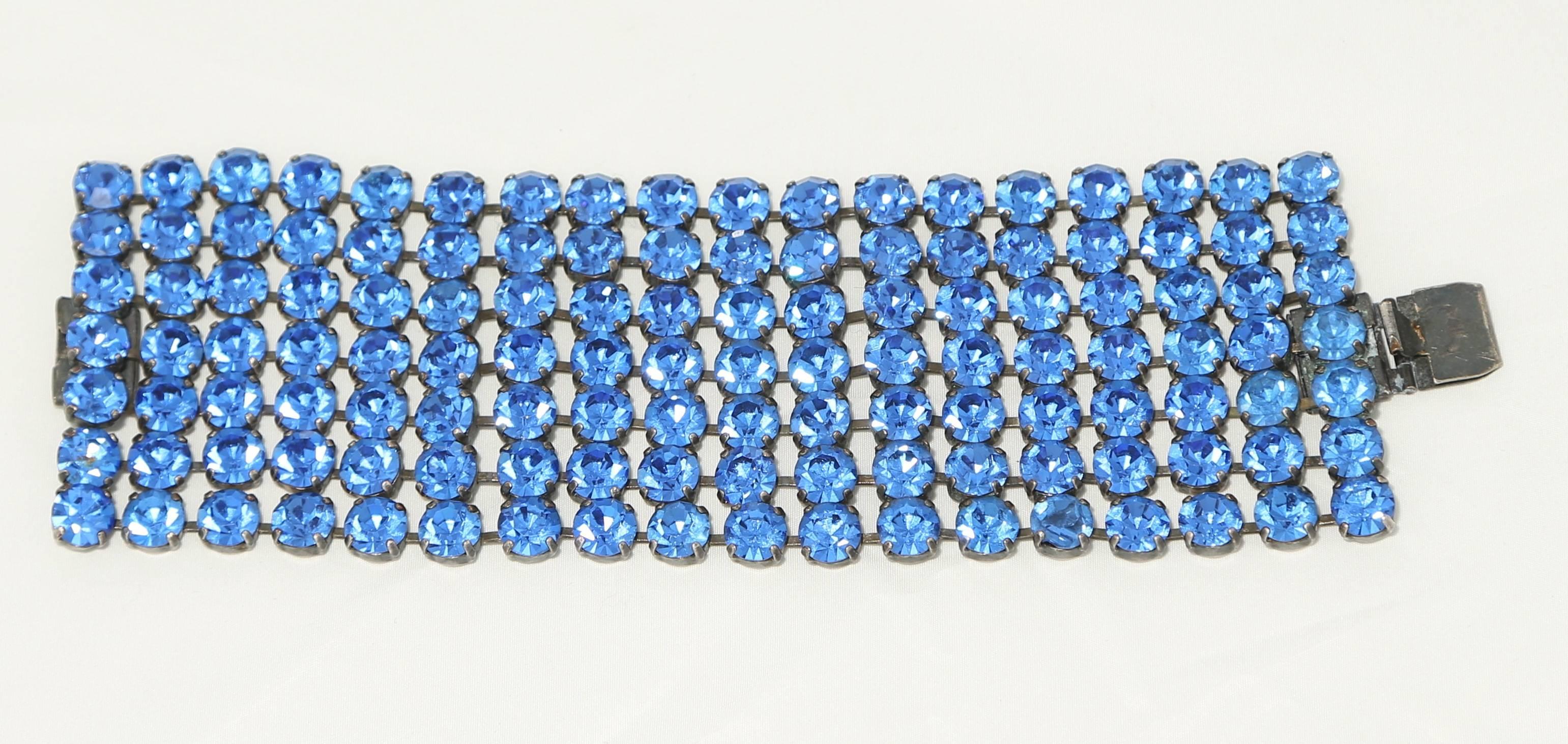 Artist 1940s large vibrant blue rhinestone cuff For Sale