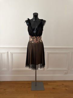 Ema Savahl Couture 2000s Mesh Floral Appliqué Dress M Black Brown S