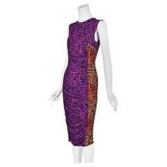ROBERTO CAVALLI Fuchsia & Orange Leopard Print Knit Ruched Midi Dress, SZ S NWT
