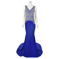 LORENA SARBU Royal Blue Silk & Silver Beaded Runway Gown  New with Tags  SZ2-4