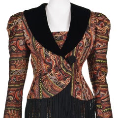 ZANDRA RHODES Rare 80s Jacquard Suit with Velvet Lapels & Dramatic Fringe, SZ SM