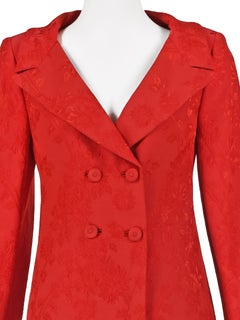 Gianni Versace Couture Late 1980s Red Silk Jacquard Skirt Suit w/Medusa Buttons