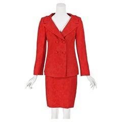 GIANNI VERSACE COUTURE Late 1980s Red Silk Jacquard Skirt Suit w/Medusa Buttons