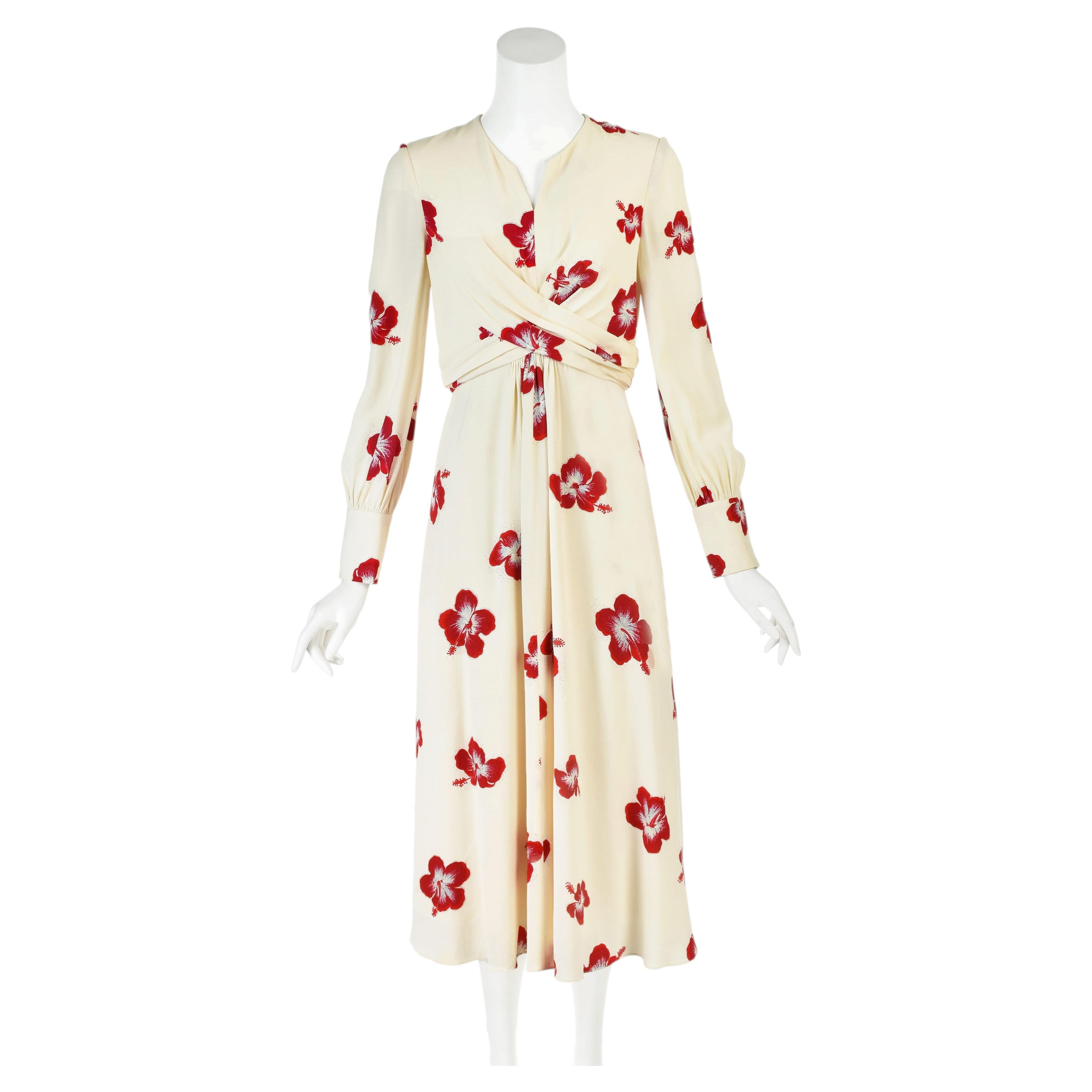 SAINT LAURENT 2016 Hedi Slimane Ivory Hibiscus Print Crepe Midi Dress, FR40 NWOT