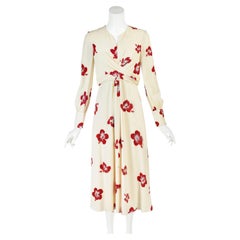 SAINT LAURENT 2016 Hedi Slimane Ivory Hibiscus Print Crepe Midi Dress, FR40 NWOT