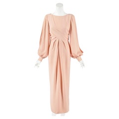 BILL BLASS c.1990 Peach Silk Crepe Evening Gown with Dramatic Slit Sleeves, SZ 8