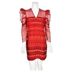 Zandra Rhodes Circa 1983 Red Printed Silk Georgette Mini Dress, SIZE US4