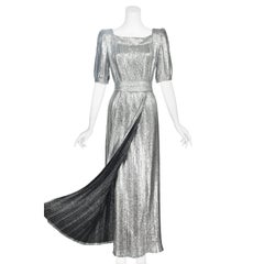 1970s ANDRÉ LAUG “AUDREY” Silver Lamé & Black Silk Pleated Evening Gown, SZ 8/10