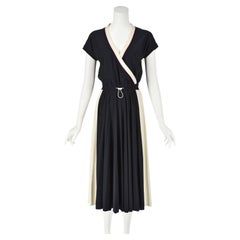 VALENTINO Circa 2010 Black & Ivory Adjustable Waist Pleated Day Dress, SIZE SM