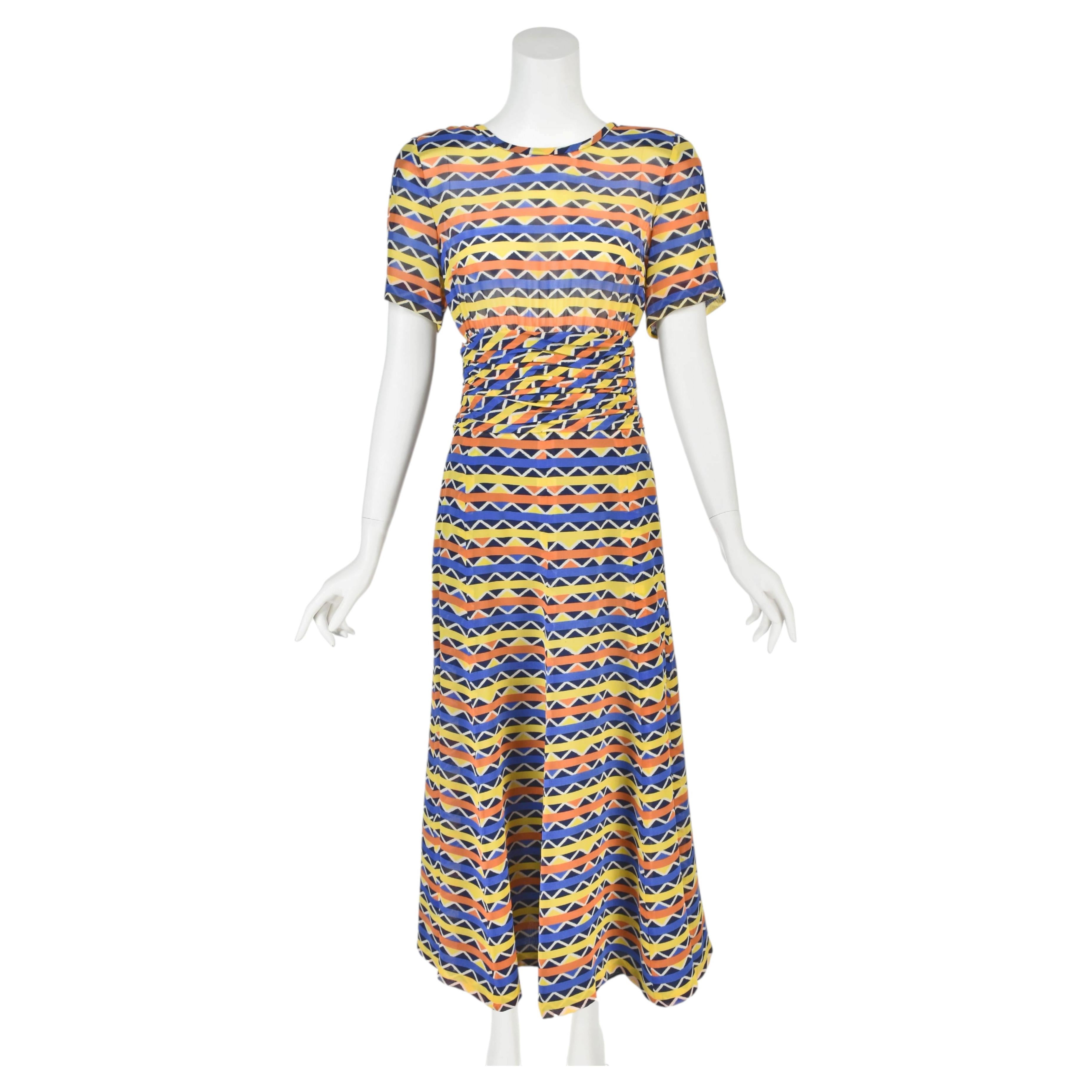 LOUIS FERAUD Circa 1990s Colorful Striped Silk Crepe Chiffon Midi Dress, SZ 10 For Sale