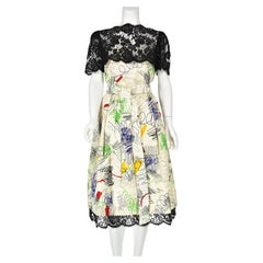 ADOLFO Saks 5th Avenue 1980s Silk Scribble Print & Black Lace 2-Pc Dress, SIZE 8