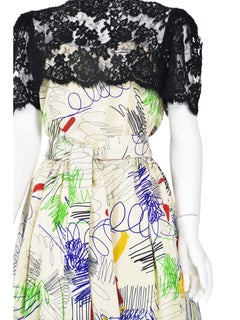 ADOLFO Saks 5th Avenue 1980s Silk Scribble Print & Black Lace 2-Pc Dress, SIZE 8