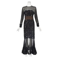ARNOLD SCAASI for Neiman Marcus Circa 1990 Black Sequined Lace & Illusion Gown M
