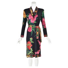 LEONARD PARIS 1980s Black Silk Jersey Knit Asian Floral Dress with Belt, Size L