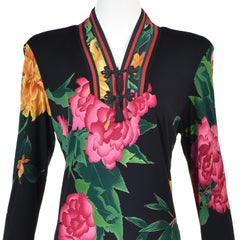 LEONARD PARIS 1980s Black Silk Jersey Knit Asian Floral Dress with Belt, Size L