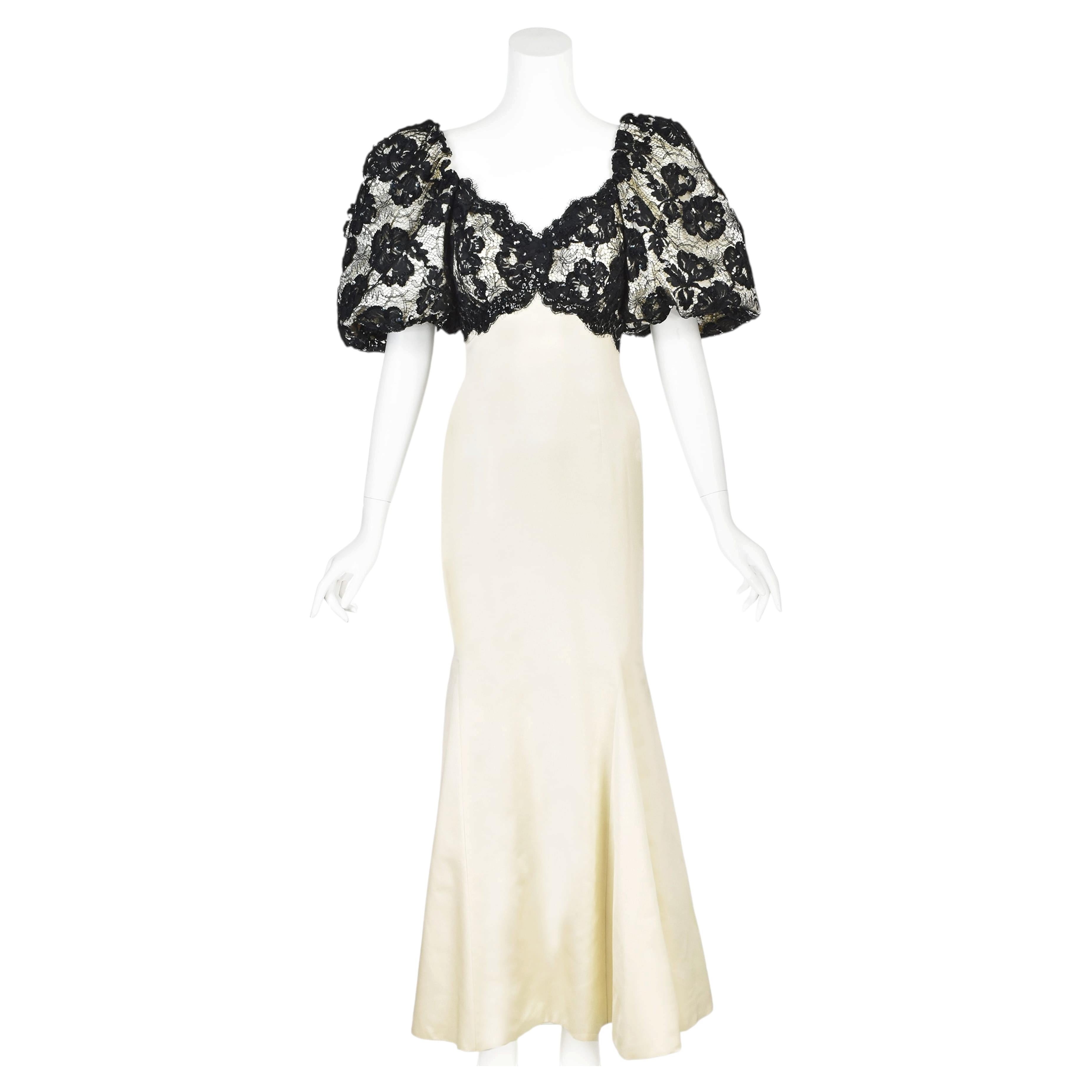 1980s Phyllis Newman Ivory Silk and Lace Mermaid Gown, Attributed Carolyne Roehm