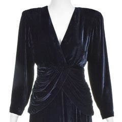BILL BLASS circa 1983 Midnight Blue Silk Velvet Gown with Ruched Peplum, SZ 6