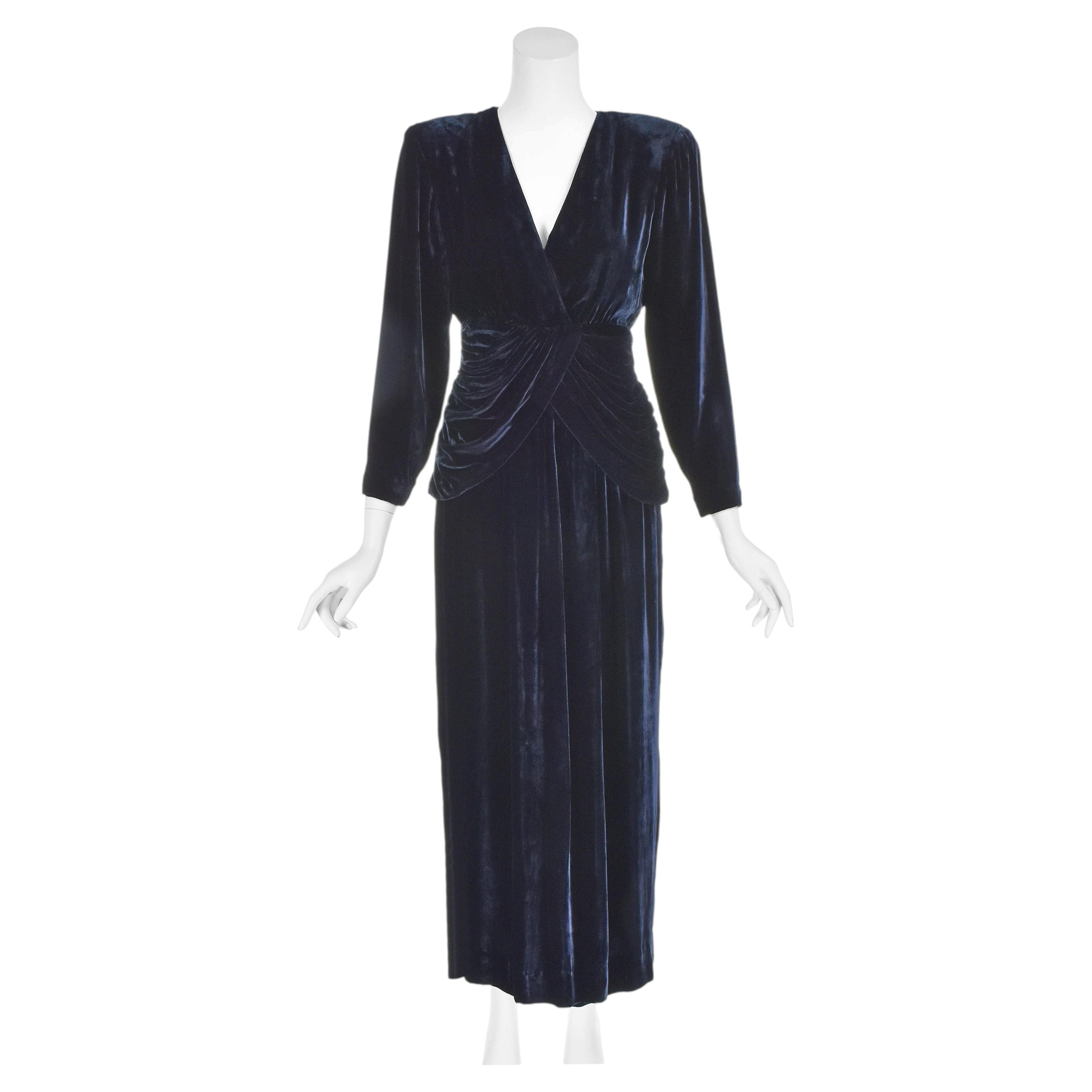 BILL BLASS circa 1983 Midnight Blue Silk Velvet Gown with Ruched Peplum, SZ 6