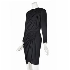 JAMES GALANOS c.1980s Black Silk Chiffon Draped and Smocked Cocktail Dress, SZ 6