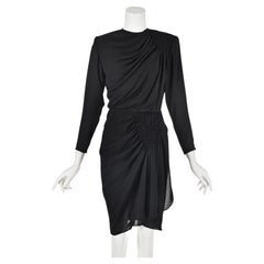 JAMES GALANOS c.1980s Black Silk Chiffon Draped and Smocked Cocktail Dress, SZ 6