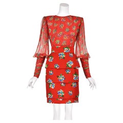 JAMES GALANOS circa 1984 Red Floral Silk Chiffon Tiered Cocktail Dress, SZ 2