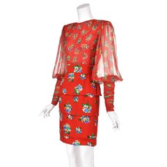 JAMES GALANOS circa 1984 Red Floral Silk Chiffon Tiered Cocktail Dress, SZ 2