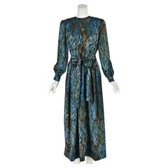 RICHILENE circa 1986 Iridescent Silk Devoré Velvet Evening Dress with Sash, SZ10