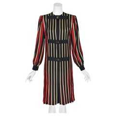 JAMES GALANOS Circa 1984 Black, Red & Gold Pleated Silk Day Dress, SZ 4
