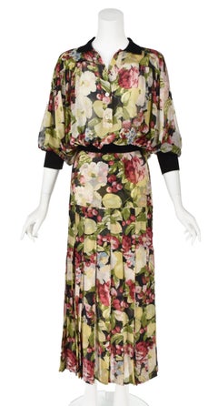 GIANFRANCO FERRE 1980s Silk Chiffon Floral Print Two-Piece Dress Ensemble, SZ SM