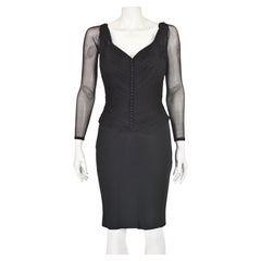 Vicky Tiel Couture 1980s Black Ruched Mesh Corseted Cocktail Dress, Paris, XS/SM