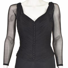 Vicky Tiel Couture 1980s Black Ruched Mesh Corseted Cocktail Dress, Paris, XS/SM
