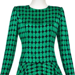 CAROLINA HERRERA c. 1988 Black & Emerald Green Polka Dot Silk Mini Dress