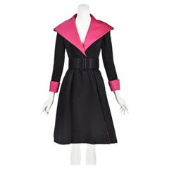 GEOFFREY BEENE circa 1969-71 Black & Shocking Pink Satin Coat Dress, SZ 2
