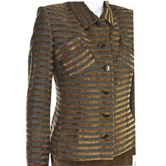 BILL BLASS 1990s Brown and Black Striped Jacket & Suede Skirt Suit, SZ XS/S