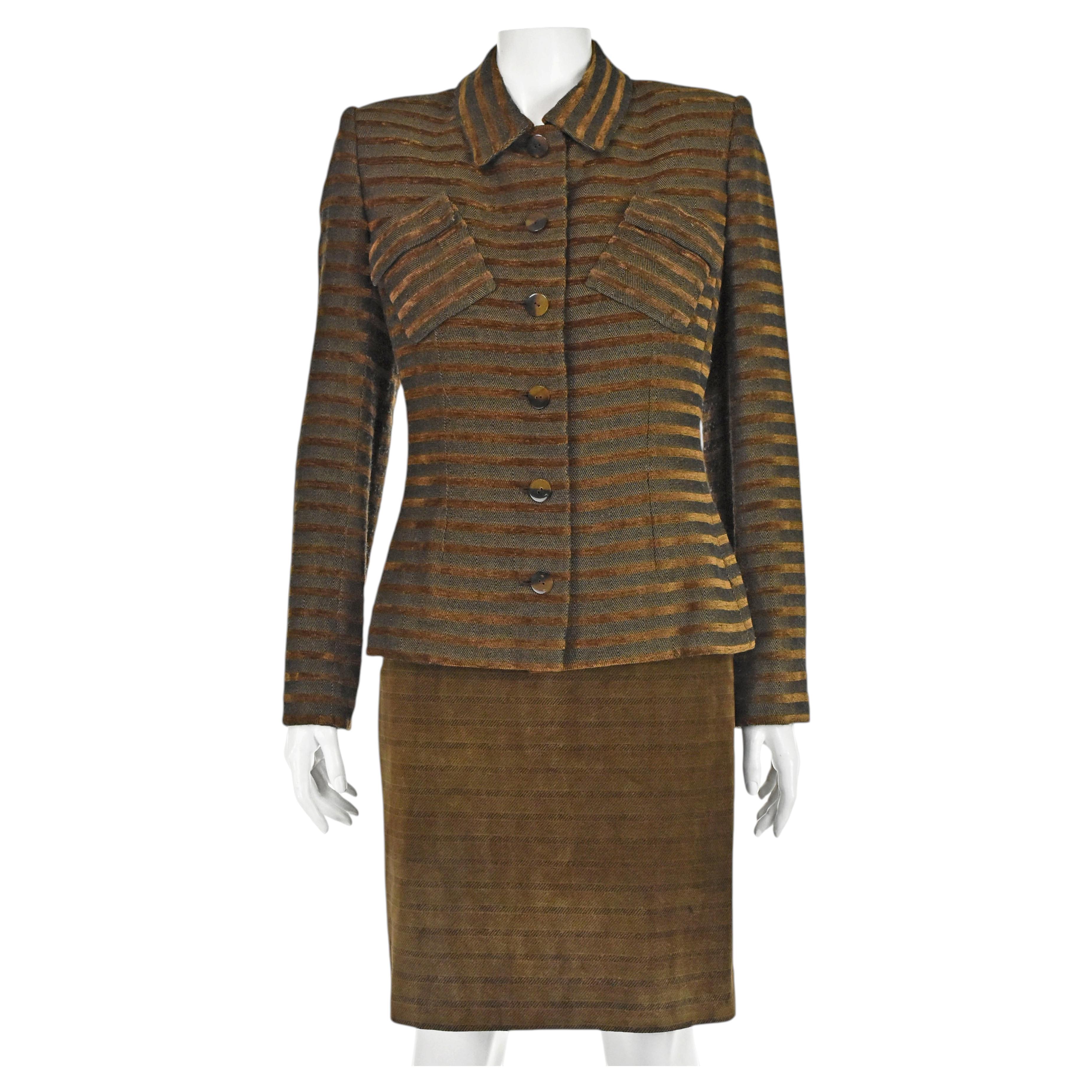 Pre-owned Bill Blass 1990s Brown And Black Striped Jacket & Suede Skirt Suit, Sz Xs/s