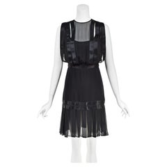 JAMES GALANOS c. 1984 Black Silk Chiffon Caged Bodice Pleated Cocktail Dress LBD