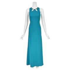 ROBERTO CAVALLI Early 2000s Turquoise Maxi Gown with Cut Outs and Gold Hardware